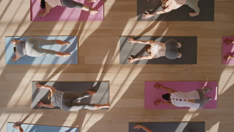 above view yoga class healthy women practicing downward-facing dog pose enjoying fitness lifestyle exercising in studio at sunrise