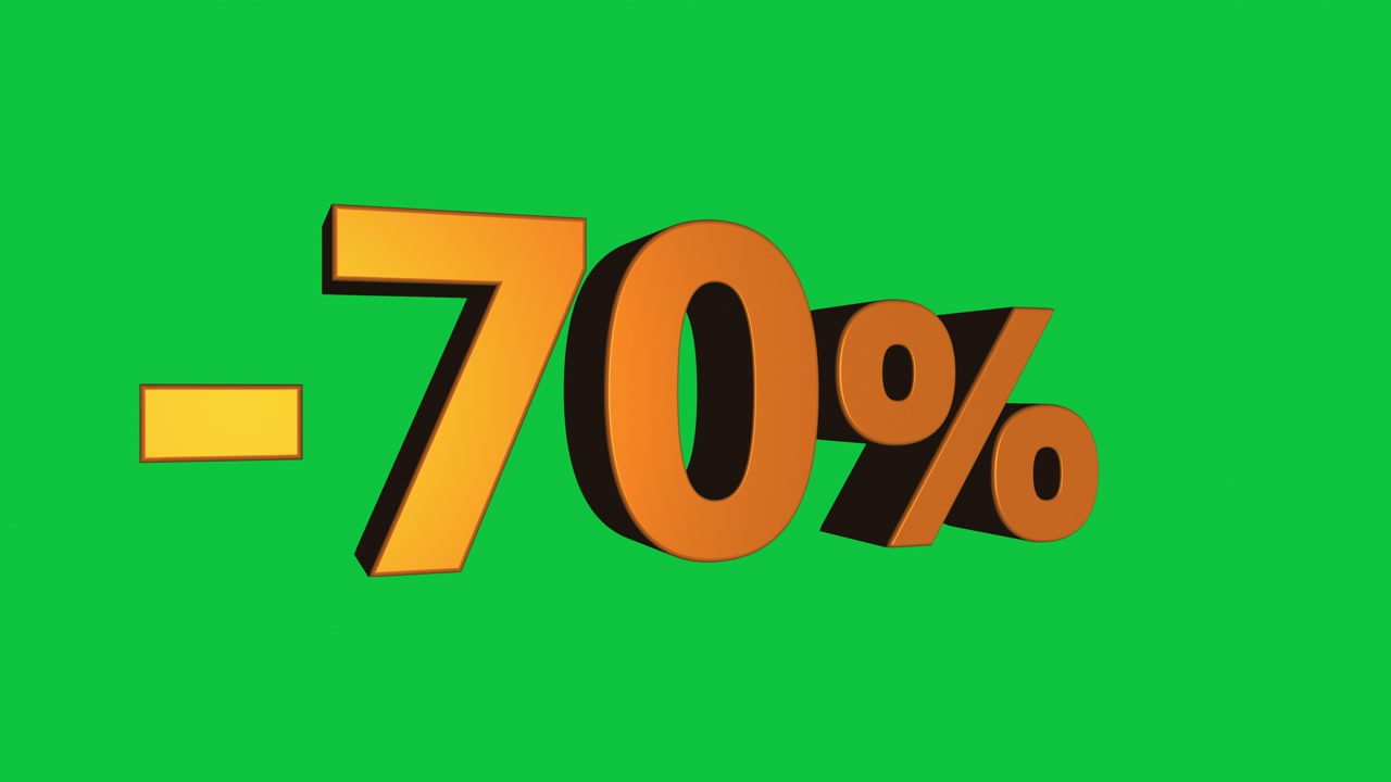 Animated 3D minus 70 percent sign rotating on green background in seamless loop