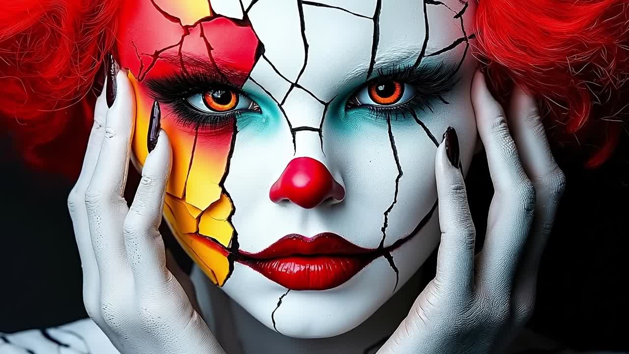 A woman with red hair and a clown face painted like a clown