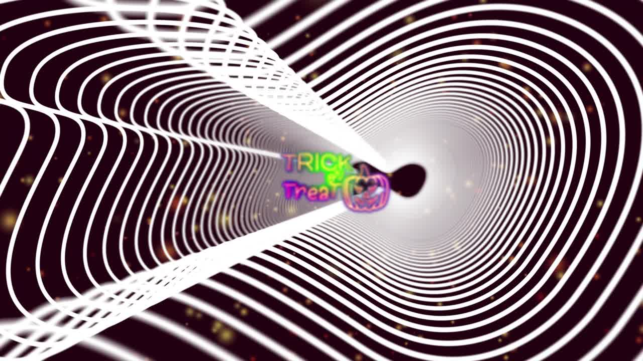 Curves materializing in purple tunnel showing rotating neon Trick or Treat jack-o-lantern outline
