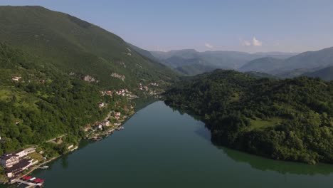 drone view of the mountain on the bosnian border, aerial view of the neretva river landscape in the city of jablanica in bosnia and herzegovina