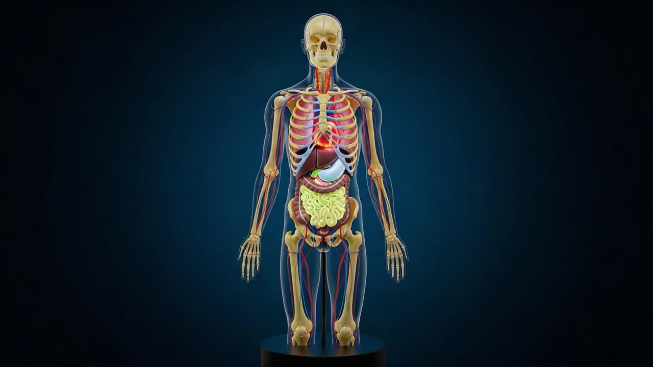 A Detailed Anatomical Model Illustrating the Human Skeletal, Muscular, and Organ Systems for Educational Purposes and Medical Understanding