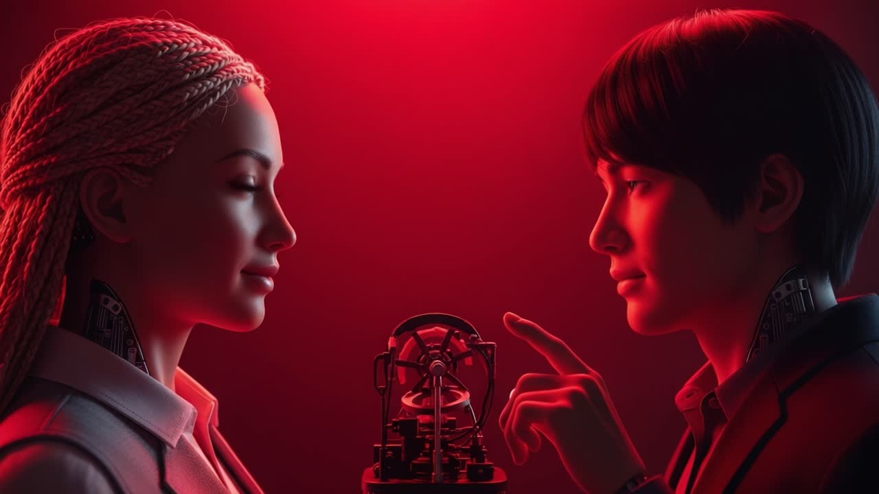A Captivating Encounter Between Two Biomechanical Figures in a Futuristic Red-Illuminated Setting Highlighting Connection and Technology