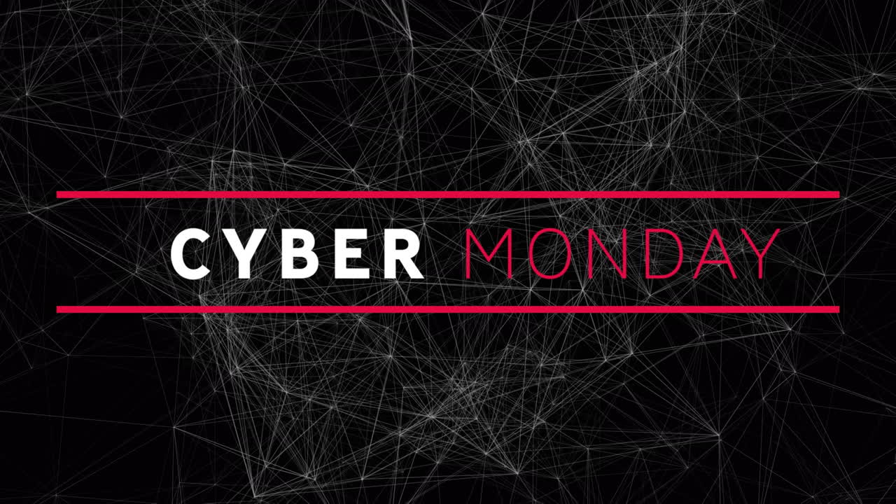 Animation af teksten "Cyber Monday Sale" over netværk af forbindelser.