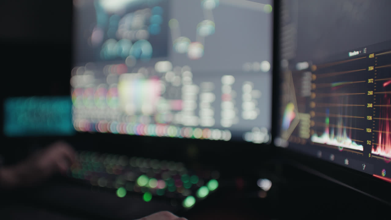 editor de video que corrige el color de las imágenes por la noche trabajando de forma remota desde casa