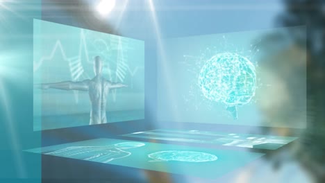 Animation-of-human-brain-and-body-with-medical-data-processing-on-screens