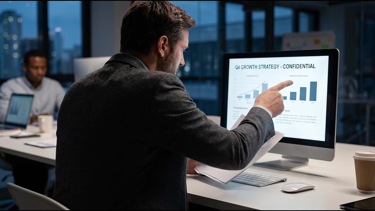 Businessman Analyzing Financial Data on Computer in Office