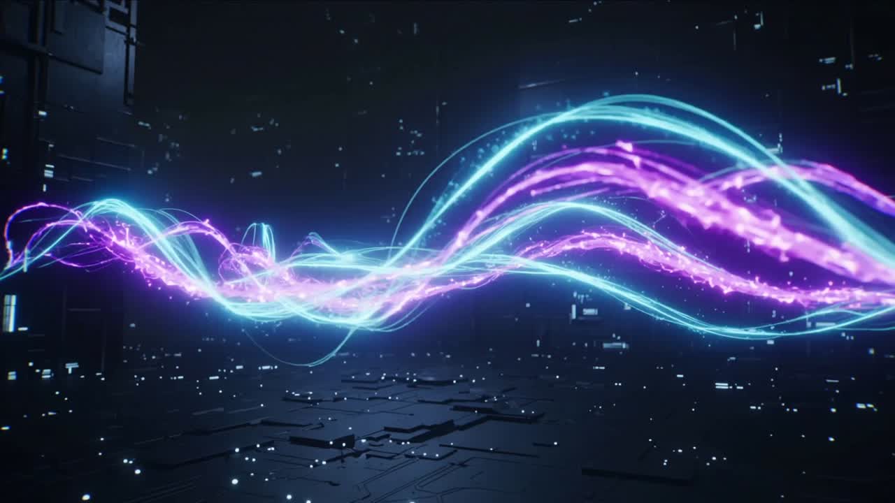 Pulsing energy driving cyan and magenta ribbons braiding across reflective floor, scattering sparks