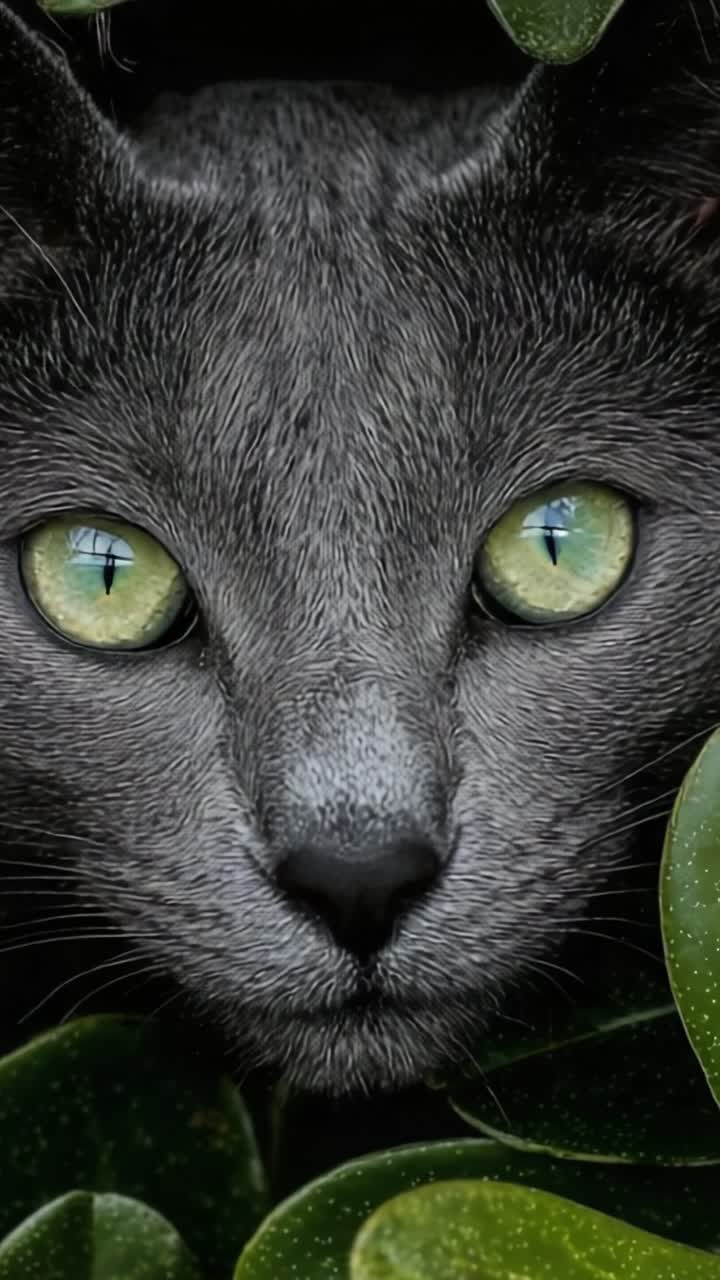 Un misterioso gatto grigio con sorprendenti occhi verdi sbircia attraverso la lussureggiante vegetazione, catturando l'essenza della natura e la curiosità felina in questa immagine accattivante