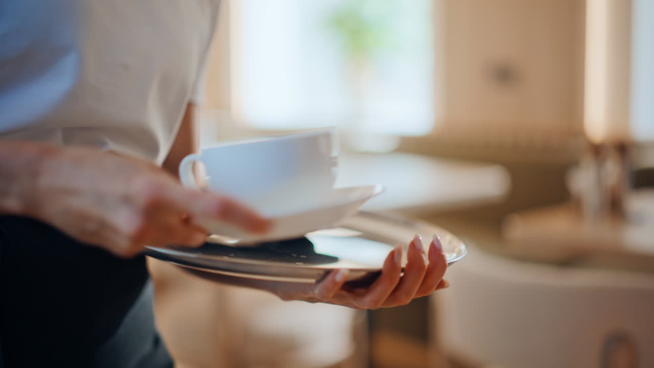 Primo piano di un cameriere che consegna un terminale wireless a una cliente sconosciuta in un ristorante