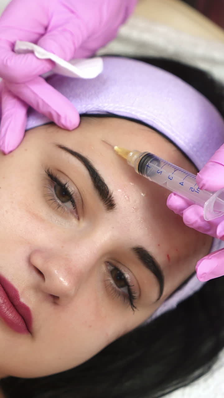 Hands of cosmetologist making injection in face. Aesthetic cosmetology. Vertical video