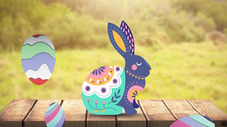 Animation of easter bunny and easter eggs over wooden surface and grass