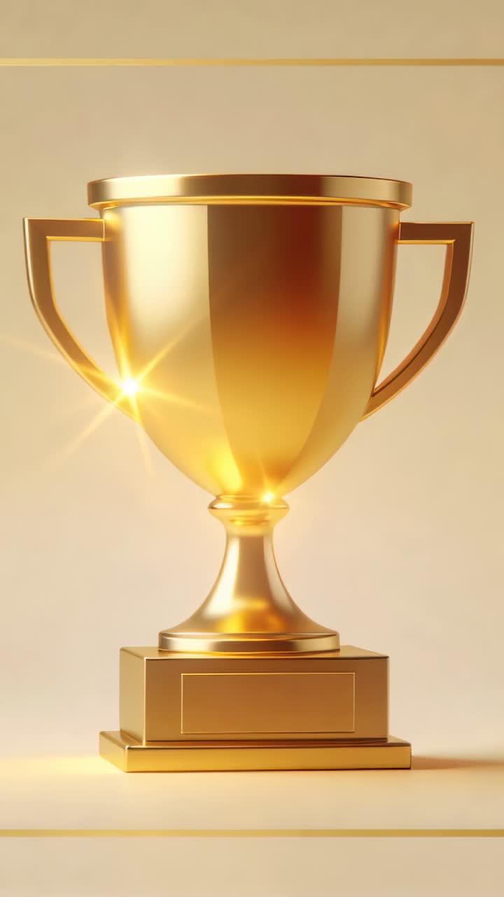 Vertical video: Moving lights causing gold trophy cup showing star flares in studio, with pedestal