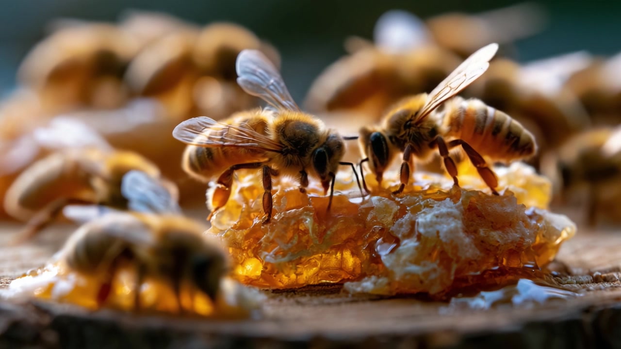 A Close-Up of Honey Bees Collecting Sweet Nectar from Golden Honeycomb, Showcasing Their Busy Activity and Intricate Work in Nature
