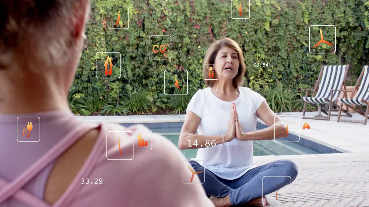 Leader guiding pool yoga closing eyes raising arms starting orange icons tracking data for health