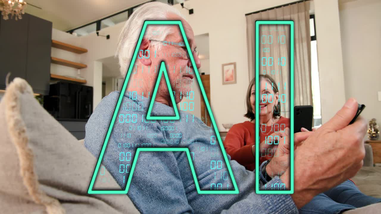 Senior woman tapping phone and senior man angling phone for viewing, AI overlay showing binary code