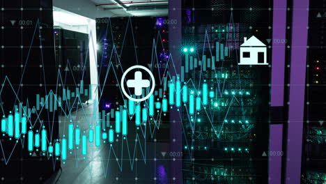 animación del procesamiento de datos financieros a través de servidores informáticos