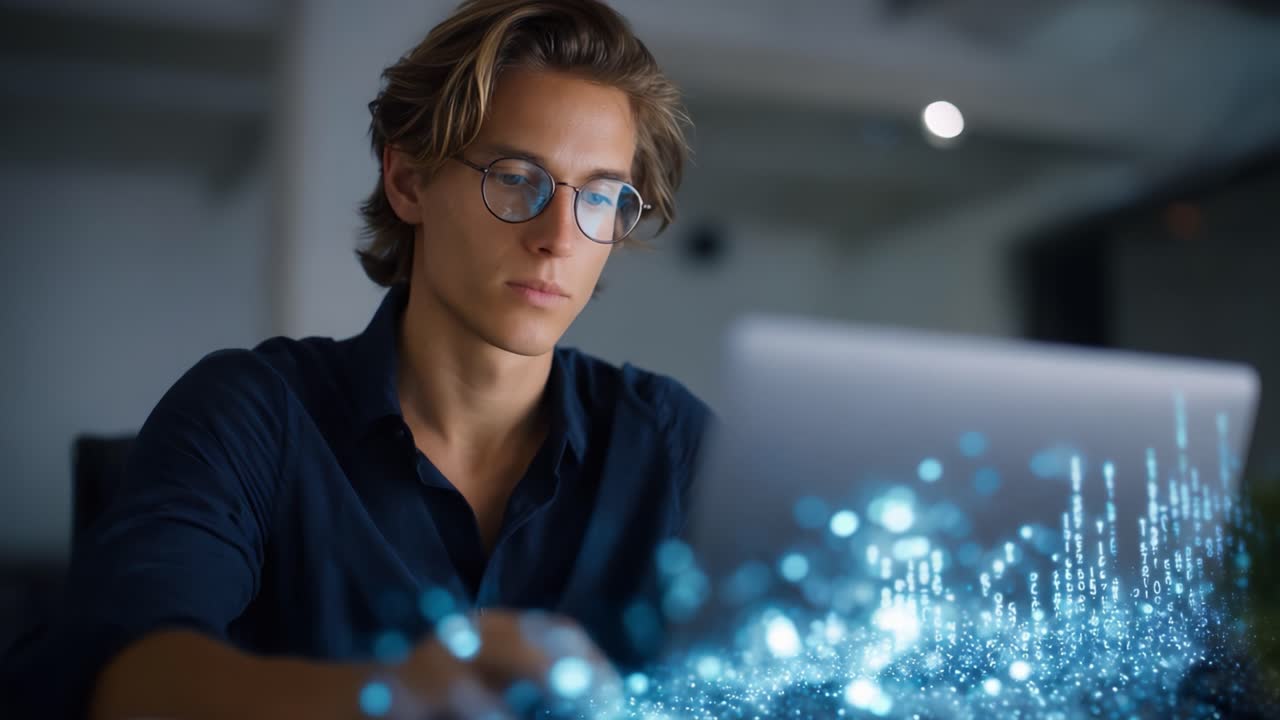 Fokuseret person fordybet i digitalt arbejde med animerede datastrøm-visualiseringer, der fremhæver teknologi og kreativitet i et moderne arbejdsområde