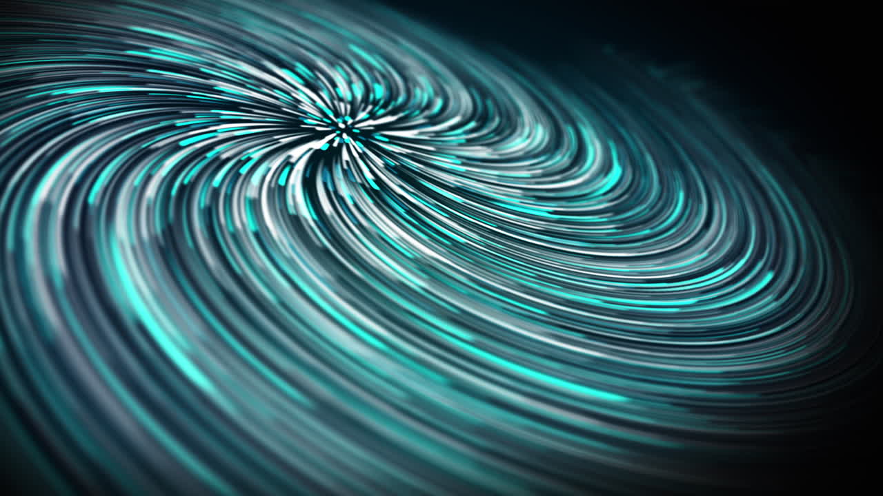 Blue abstract circular radial tunnel lines background. A fast whirlwind of small turquoise glowing particles. Looped animation.