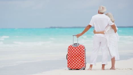 retired senior couple on beach with travel luggage