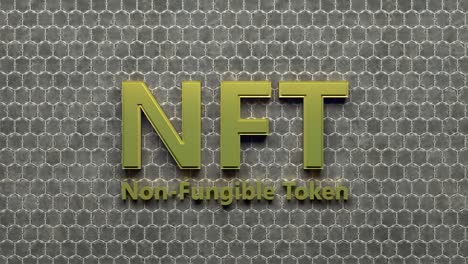 Golden NFT Crypto Art currency concept. Non Fungible Token with light flashing on abstract background. 3d Rendering seamless loop.