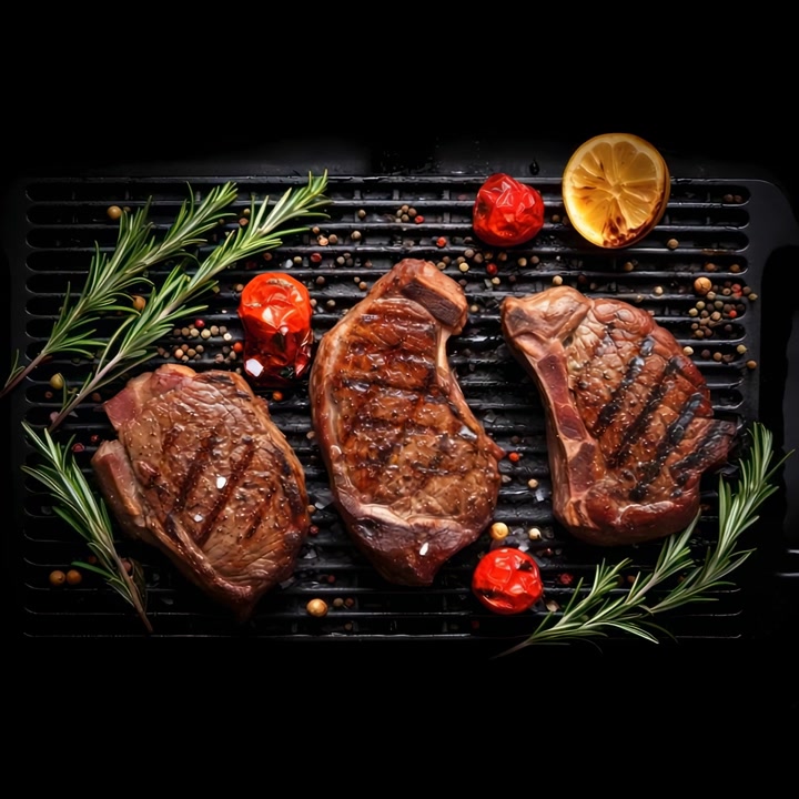 Three Grilled Steaks with Rosemary, Lemon, and Tomatoes on a Grill
