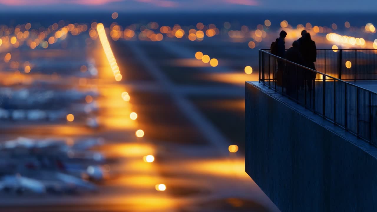 An Evening at the Airport: Captivating Views and Twinkling Lights from the Observation Deck at Dusk, Showcasing the Vast Runway and Taxiway of the Airfield Below