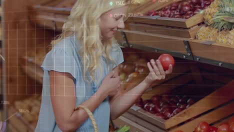 Animation-of-financial-data-processing-over-caucasian-woman-shopping-in-grocery-store