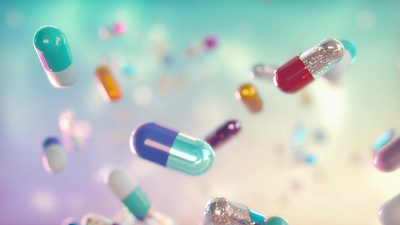 Pillole e capsule colorate che fluttuano in uno sfondo medico astratto