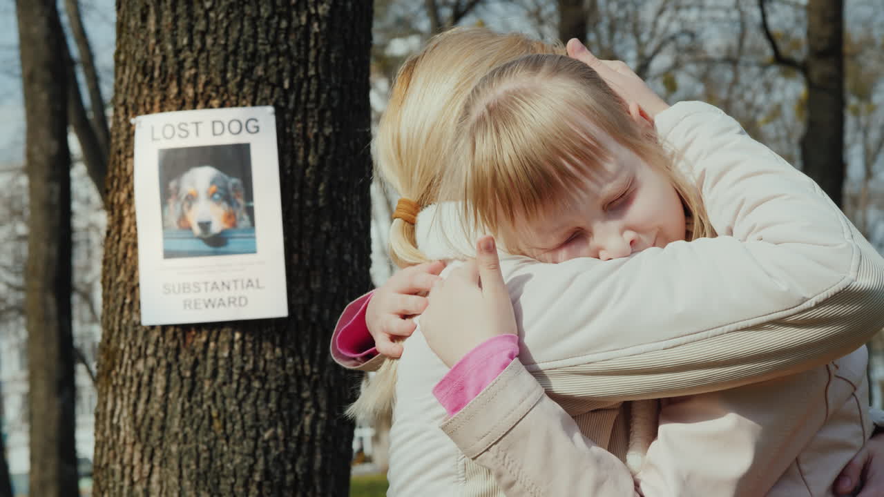 엄마는 나무에서 개를 잃은 소녀를 달래다 실종된 강아지에 대한 발표를 걸다