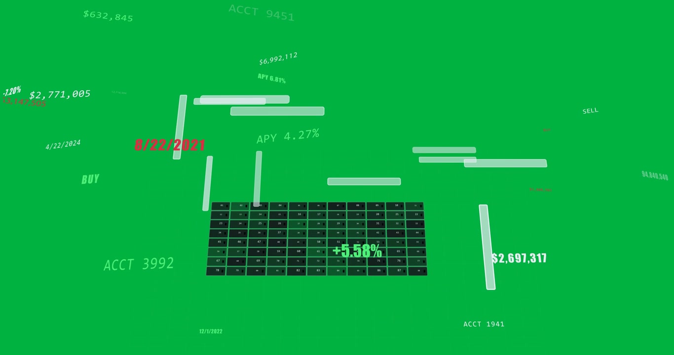 Camera rotating, 3D finance HUD shifting grid, visualizing +5