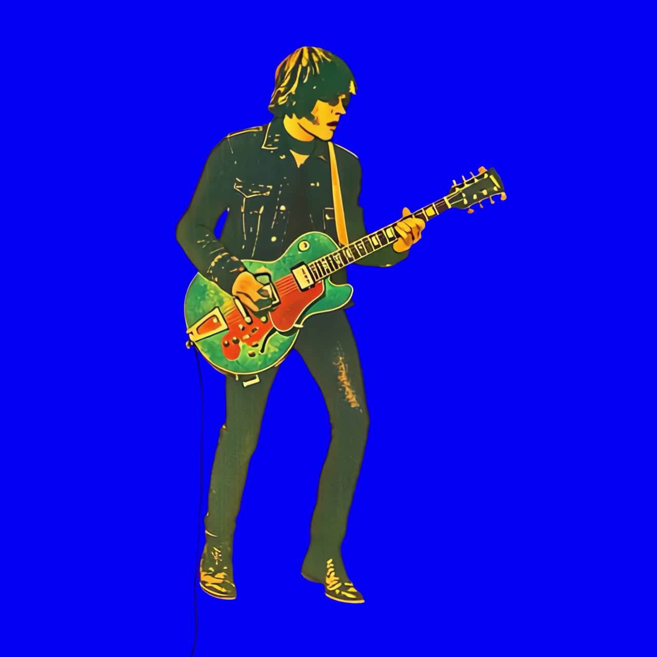 Colorful guitarist silhouette animation, transparent 4K video, green screen