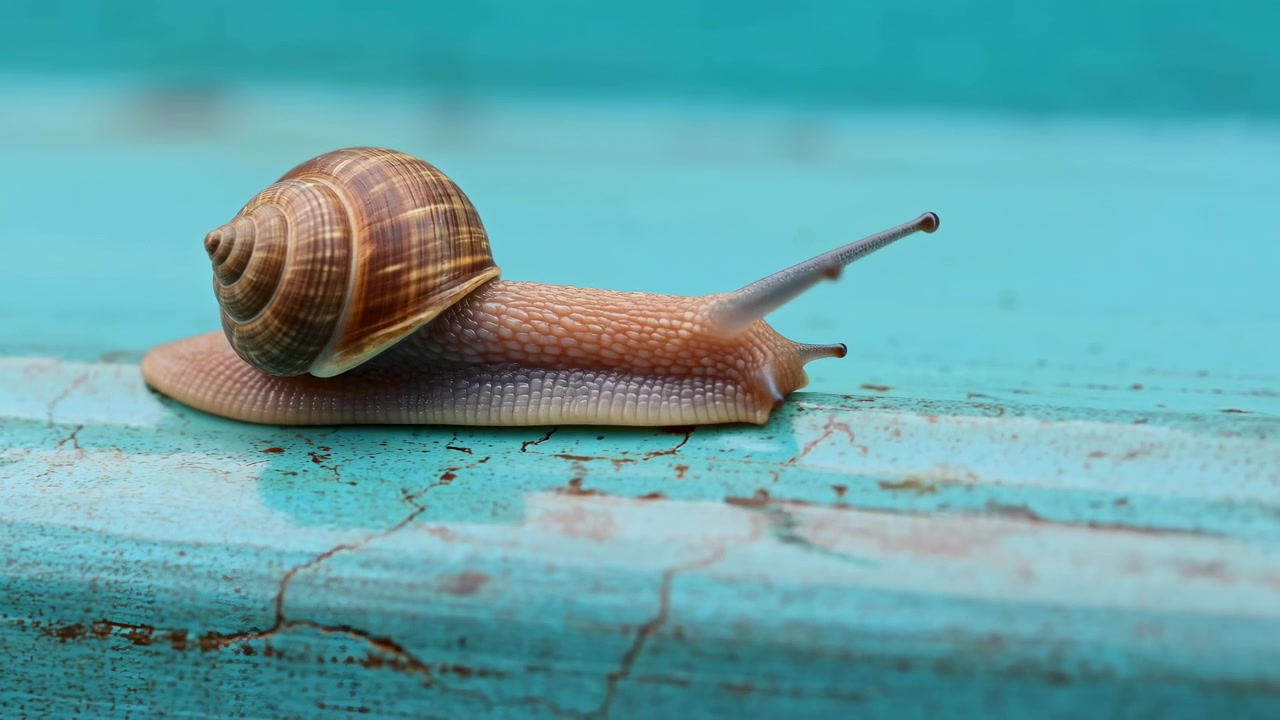 Side view follows snail moving steadily to right over cracked turquoise surface, with striped spiral shell, extended tentacles, moist textured body, soft daylight, and shallow depth of field.