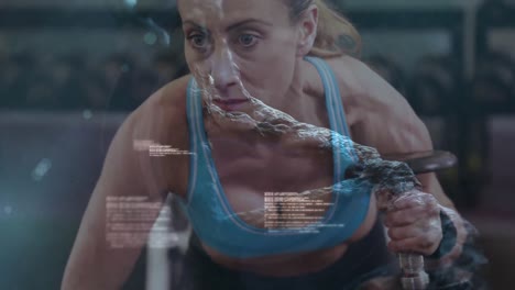 animación de la hilera de adn y procesamiento de datos sobre una mujer fuerte haciendo ejercicio