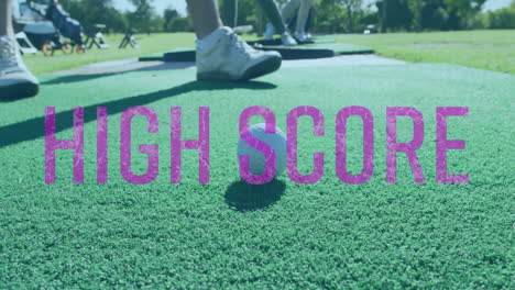 group of golfers practicing driving range, with animated swing graphs and ball distance markers