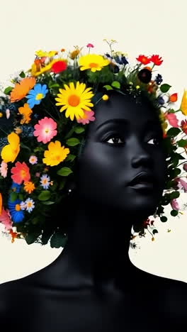 beauty in floral crown. a woman with dark skin has a vibrant floral crown, showcasing a blend of colorful flowers in a minimalist setting.