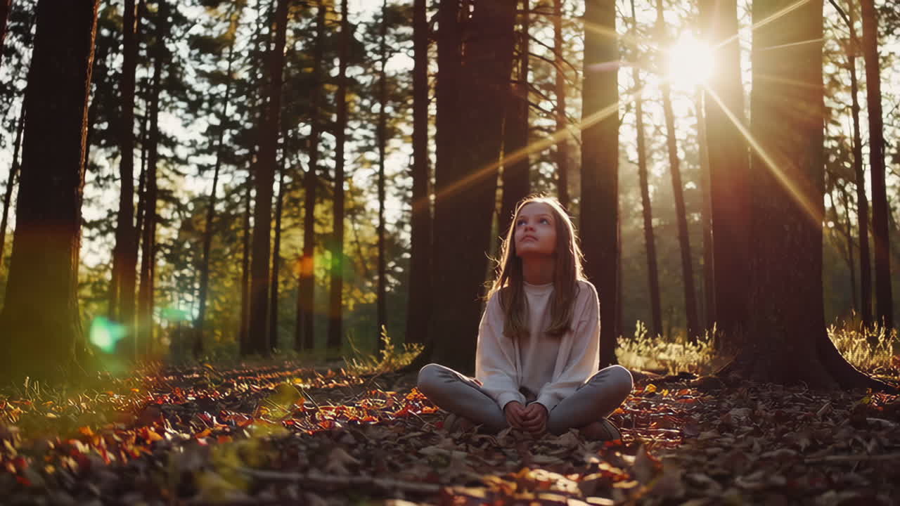 A young girl sitting peacefully in a sun-dappled autumn forest