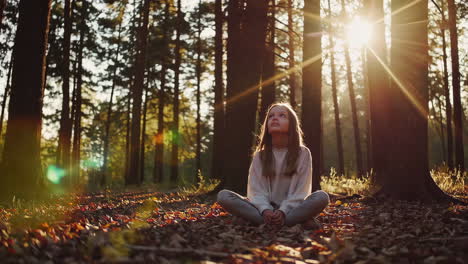 a young girl sitting peacefully in a sun-dappled autumn forest