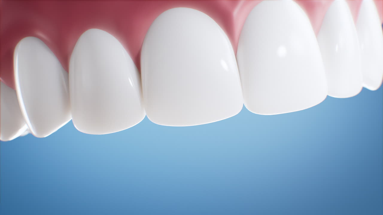 Slow closeup shot of beautiful whitened and healthy teeth, 3d animation, Blue Background, 4k, matching whitening set 1.