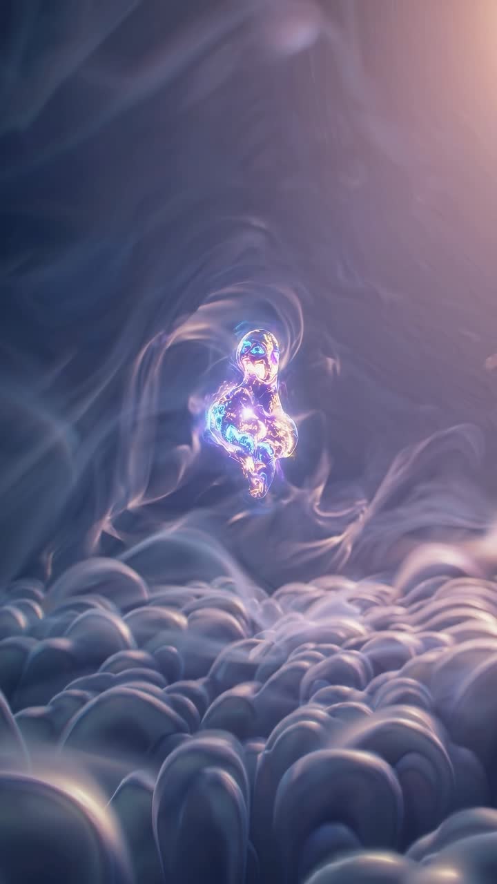 A surreal, glowing abstract form floats in a dark, cloud-like space