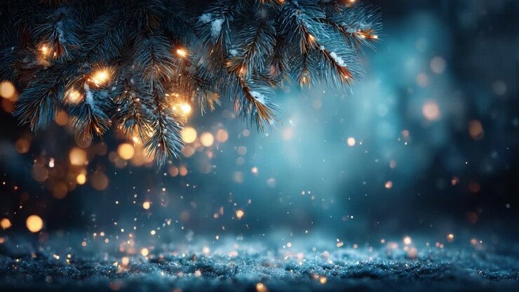 Enchanting Winter Scene with Sparkling Snow and Illuminated Pine Branches, Capturing the Essence of a Magical Holiday Atmosphere