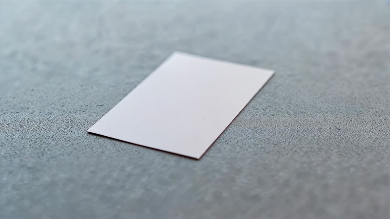 Moving camera revealing blank white rectangular card enlarging on textured gray fabric, centering