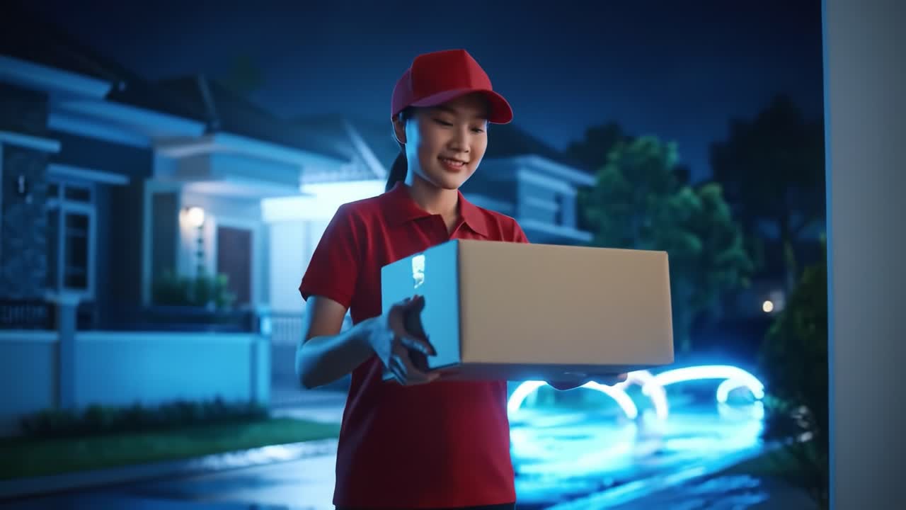 A delivery person in a red uniform smiles while holding a package under soft blue lighting. The setting is a peaceful suburban neighborhood with houses in the background.