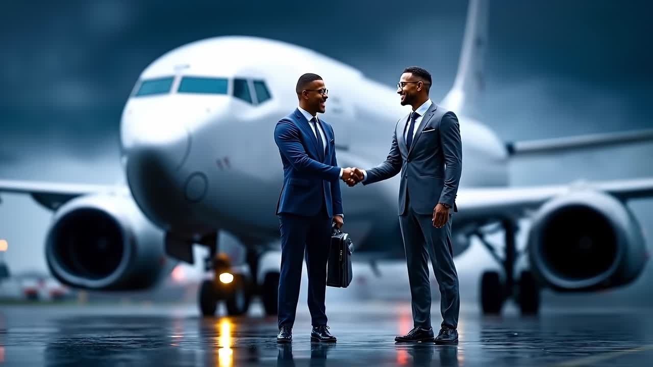 Due uomini che si stringono la mano davanti a un aereo