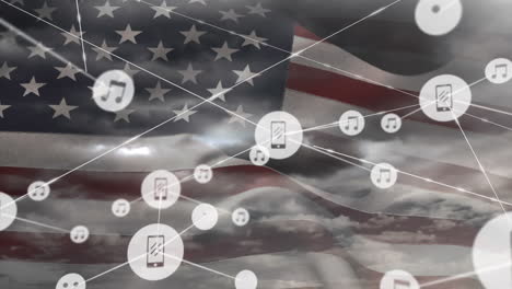 animación de la red de conexiones con iconos sobre la bandera de los estados unidos de américa y nubes