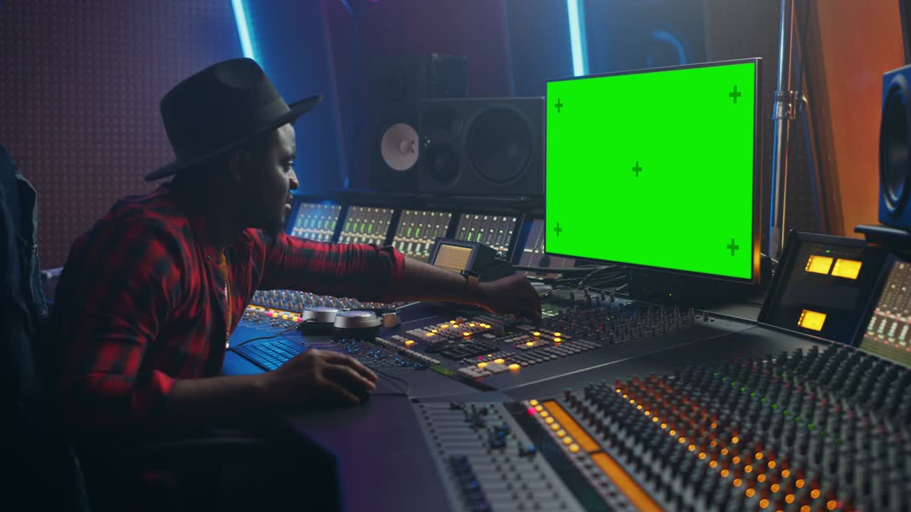 Ritratto di elegante ingegnere del suono che lavora in uno studio di registrazione musicale, utilizza un computer con schermo verde, mixer e banco di controllo per creare una nuova canzone. Artista creativo di colore balla mentre è seduto. Ripresa da dietro la spalla.