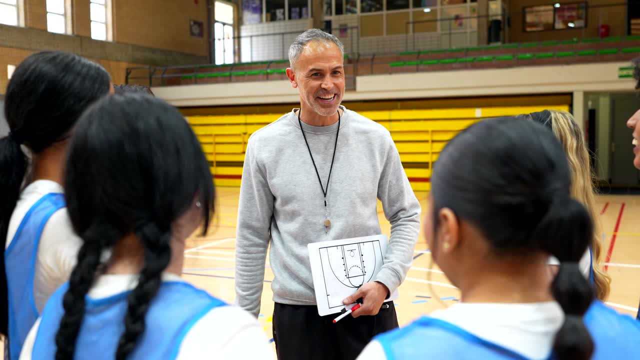 Basketball Coach Explains Strategy to Team