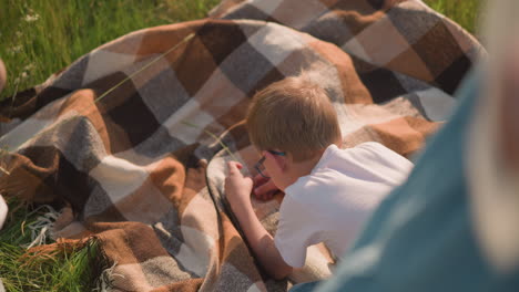 a young boy in a white shirt lies on a checkered blanket in a grassy field, playing with a piece of grass. the boy's focus on the simple activity captures a peaceful, reflective moment