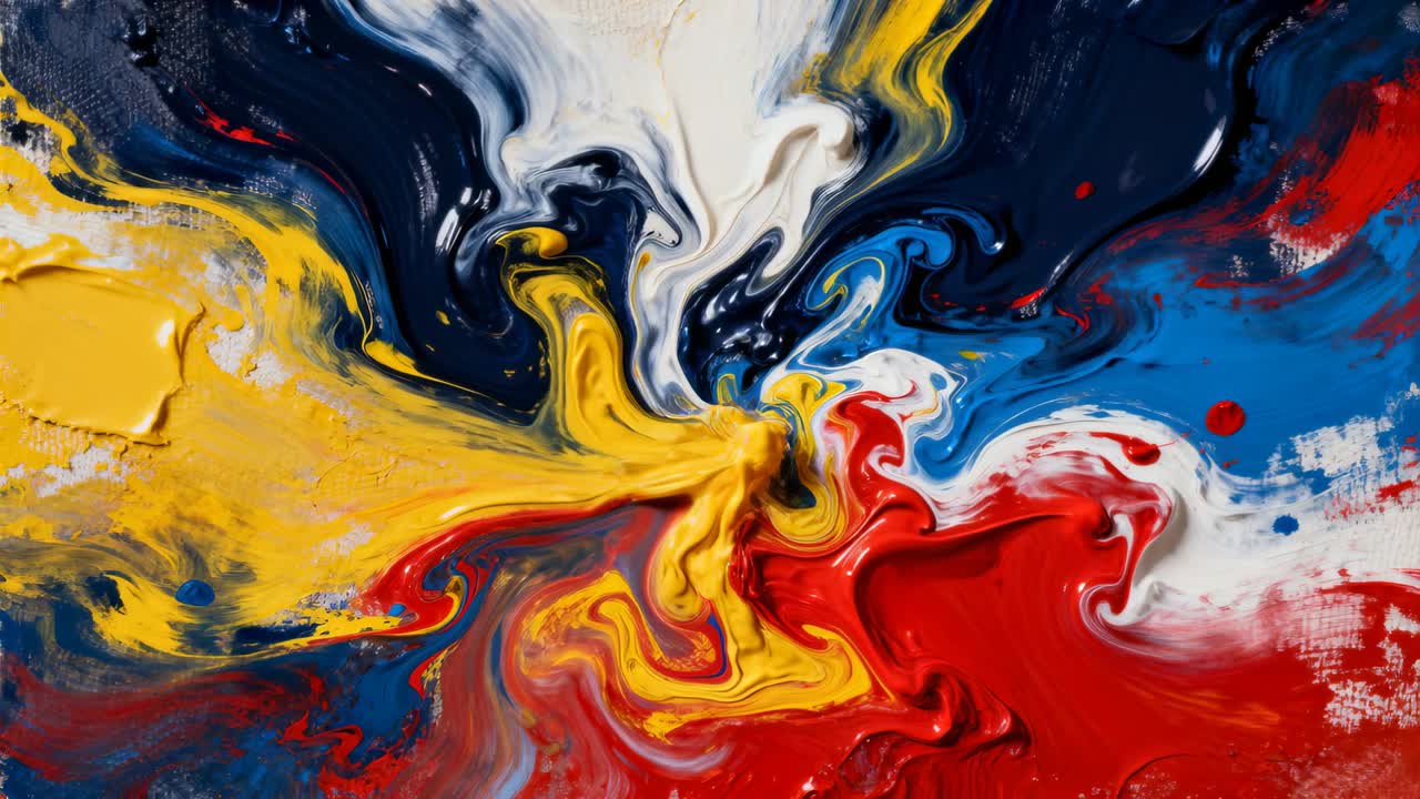 Flowing thick primary paint mass forming central vortex on canvas, gravity pulling pigments inward