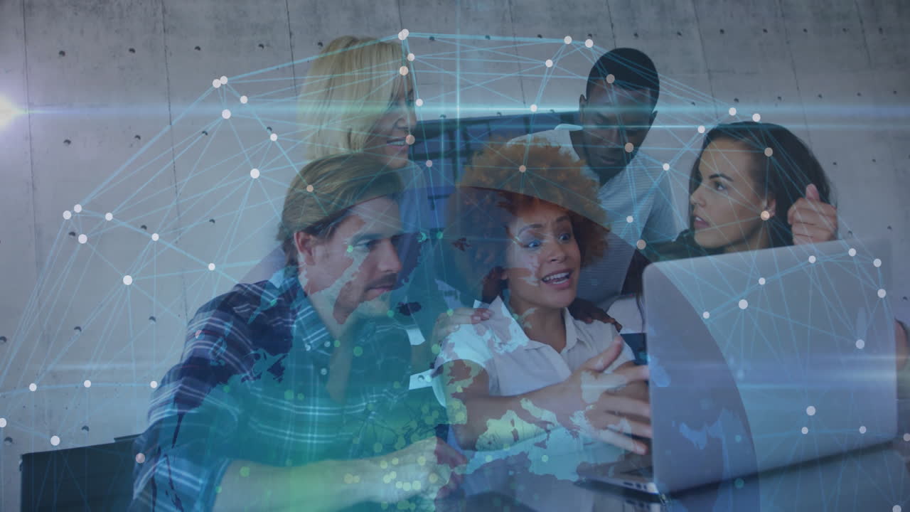 Collaborating on animation project, diverse team using laptop in school setting